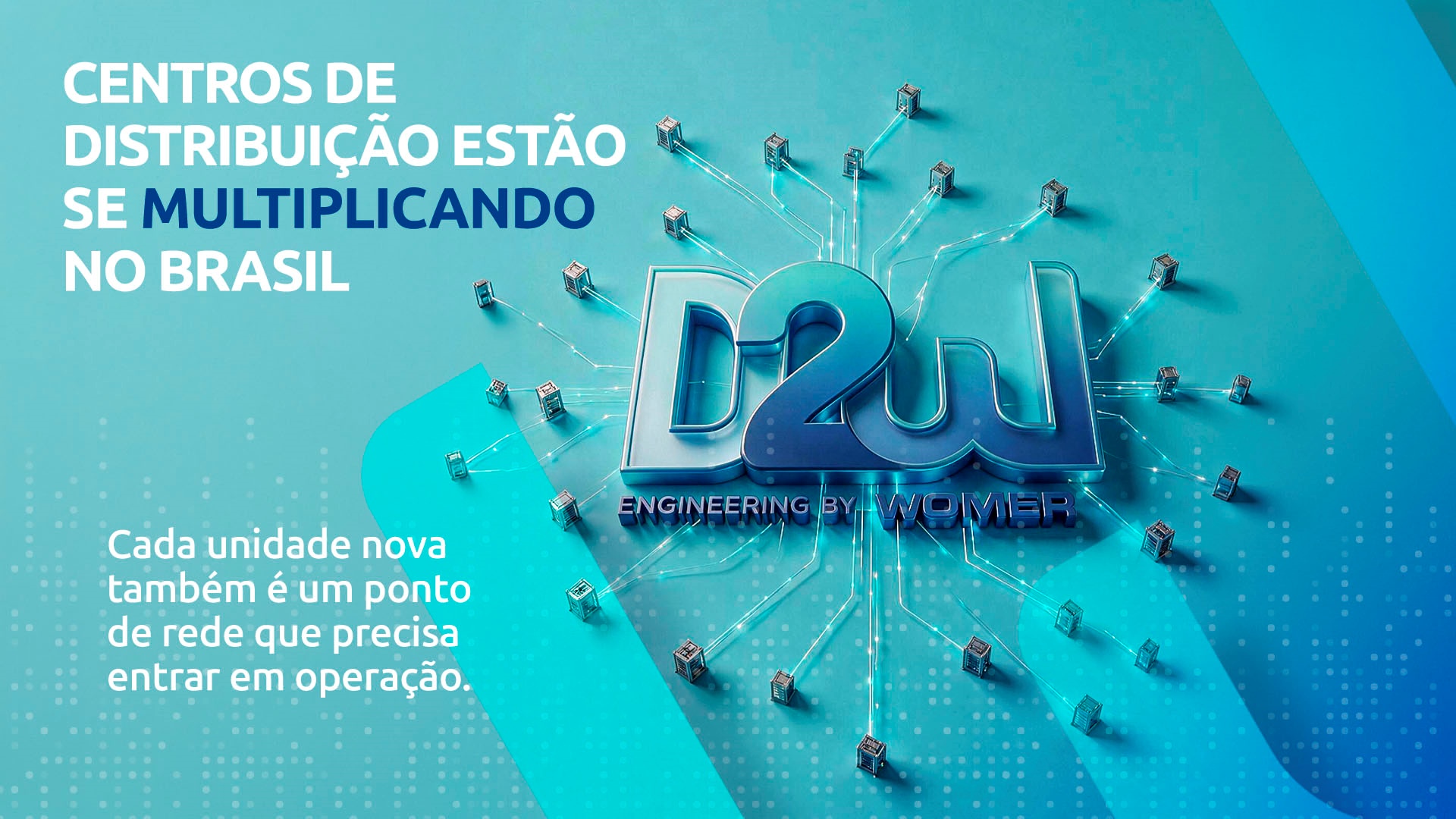 "Ilustração de centros de distribuição conectados a pontos de rede, representando infraestrutura física para e-commerce e logística"