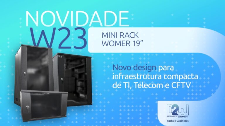 "W23 Mini Rack Womer 19 polegadas com novo design, mostrando furação lateral e fecho atualizado"